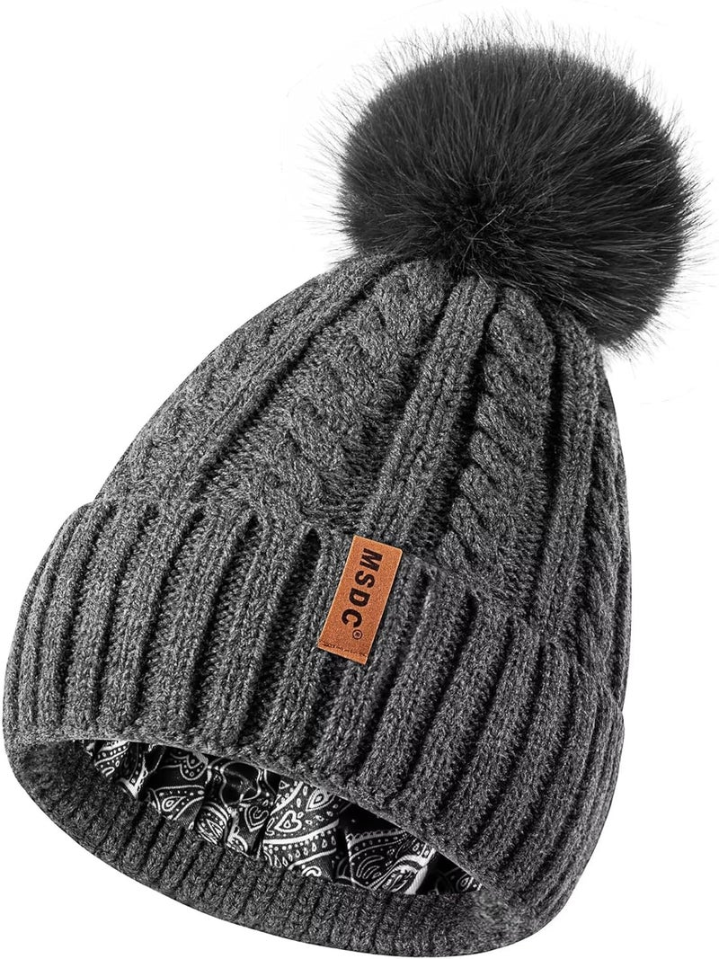 MSDC Satin Lined Beanie for Women with Pom Pom, Warm Womens Winter Hats with Silk Lined, Fashionable Knit Beanie Skull Cap - Image 1